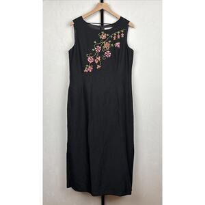Coldwater Creek Linen Blend Sleeveless Dress Womens 14 Black Beaded Flowers Boho